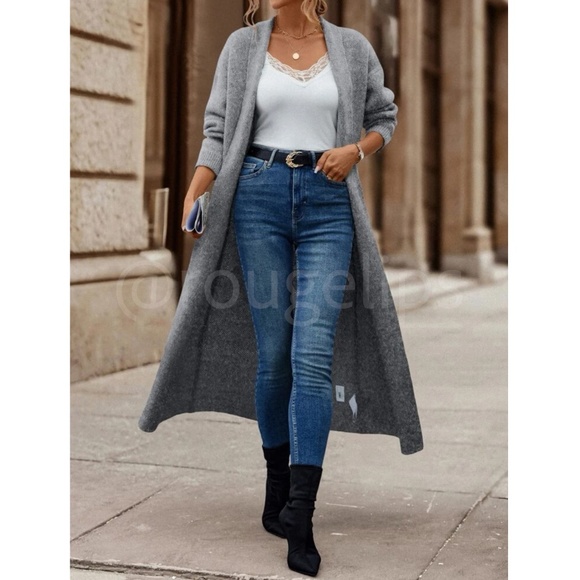 Grey Duster Shawl Cardigan Knit Long Open Long Sleeve - Picture 5 of 8